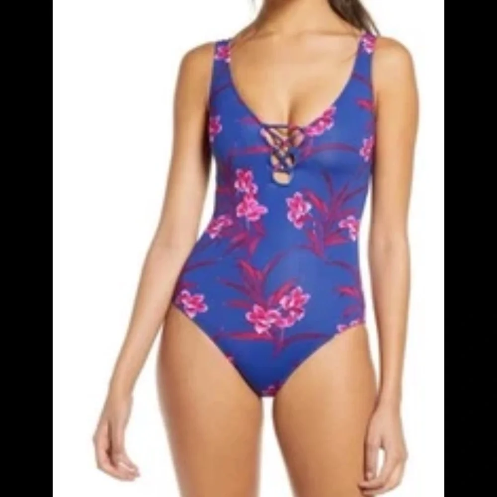 Tommy Bahama Blue One-Piece Swimsuit with Pink Floral Lace-Up Front reversible